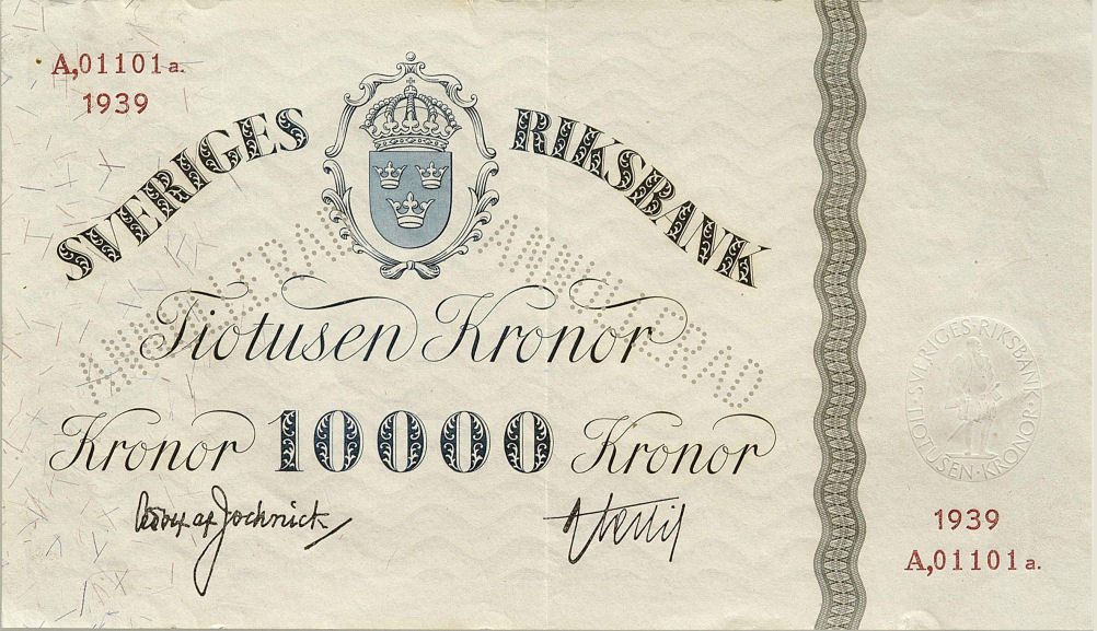 10000 kr - Lilla Riksvapnet 1939
