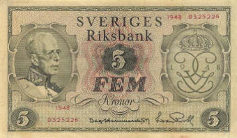 5 kr - Gustav V 90 år 1948